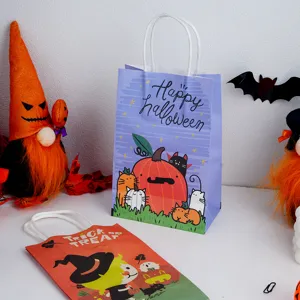 Halloween paper gift bag with handles, cute pumpkin and cat print for party favors and candy packaging.