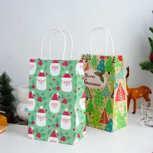 Christmas paper gift bags with handles, cute Santa Claus and tree patterns for holiday packaging.
