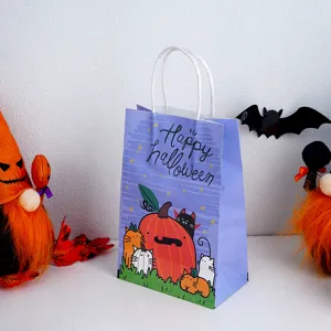 Halloween paper gift bag with cute cat and pumpkin design, ideal for candy and party favors.