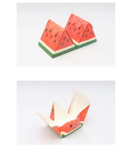 Watermelon shaped triangle paper box detail, creative gift packaging for cookies and candy.
