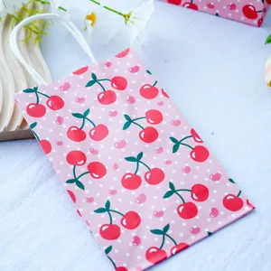 Dettaglio in primo piano della borsa regalo in carta rosa con motivo a ciliegie.