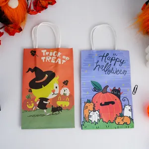 Halloween paper gift bags with handles, cute pumpkin and cat print candy bags for holiday party favors.