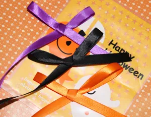 Halloween satin ribbons set 1cm purple black orange DIY gift wrapping bows decoration.
