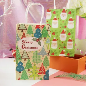 Christmas paper gift bags with Santa Claus and tree patterns, perfect for holiday party packaging.
