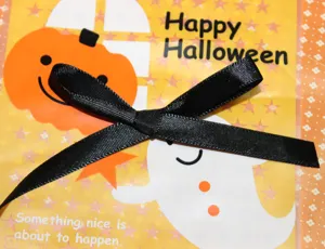 Close-up detail shot of black satin ribbon tied neatly on a festive Halloween gift packaging bag.