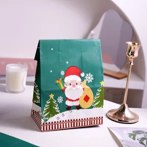Christmas paper gift bag detail, festive treat packaging for kids holidays, green design.