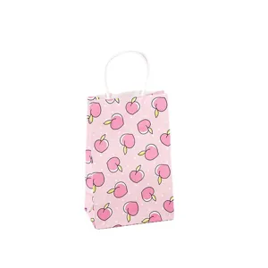 Piccola borsa regalo in carta rosa con motivo di pesche, ideale per feste e pensierini.