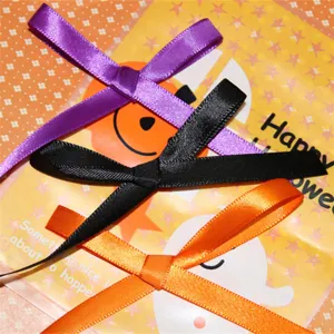 Halloween satin ribbon set, 1cm purple black orange DIY gift wrapping bows for holiday decor.