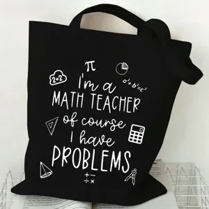 Black canvas tote bag with funny math teacher design, large capacity casual shoulder handbag.