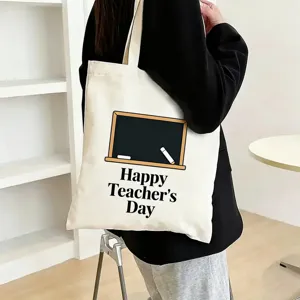 Canvas tote bag detail, teacher day theme print, large capacity versatile student bag.