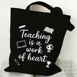 Canvas tote bag detail showing teacher theme print, spacious daily use shopping bag.