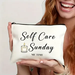 Υφασμάτινη τσάντα καλλυντικών με τύπωμα Self Care Sunday, ιδανική για ταξίδια και αποθήκευση.