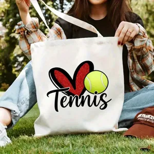 Segeltuch Tragetasche mit Tennis Herz Druck, laessige Umhaengetasche fuer Damen und Studenten
