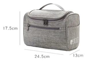 Grey travel cosmetic bag detail, multi-functional toiletry organizer with handle and zip.