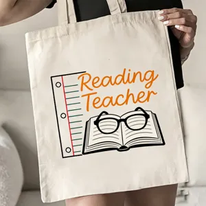 Beige Stofftasche für Lehrer, große Kapazität, minimalistische Handtasche mit Buch-Grafik.
