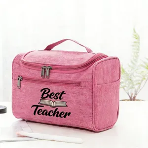 Pink teacher cosmetic bag portable travel makeup storage pouch with book print gift for women