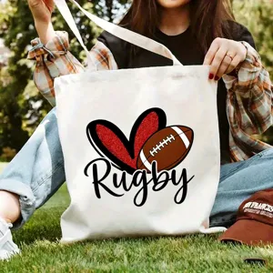 Leinwand Tragetasche mit Rugby Druck, lässige Umhängetasche für Schüler, Arbeit und den Alltag.