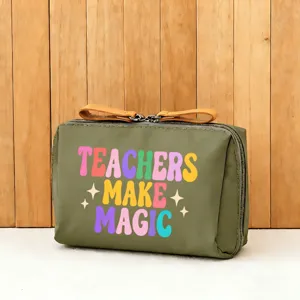 Koreanische minimalistische olivgrüne Kosmetiktasche mit Lehrer Motiv für den täglichen Gebrauch.