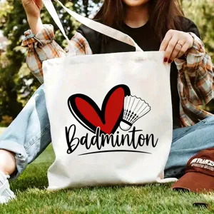 Weißer Segeltuch Shopper mit Badminton Herz Print, lässige Freizeittasche für Damen.