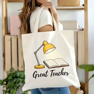 Detailansicht der Lehrertasche aus Canvas mit Lampen-Print und geräumigem Design.