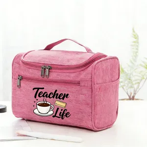 Pink Teacher Life cosmetic bag portable travel makeup organizer storage pouch with handle