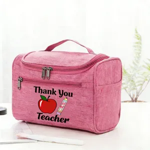 Pink teacher appreciation cosmetic bag portable travel makeup organizer storage pouch detail view.