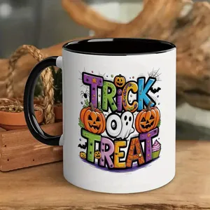 Halloween trick or treat ceramic coffee mug with colorful pumpkin design for party decor