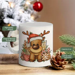 Cute Christmas reindeer ceramic coffee mug 11oz, perfect holiday gift for family and friends.