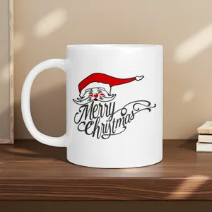 Detailed view of white ceramic Christmas mug featuring Santa Claus and Merry Christmas design.