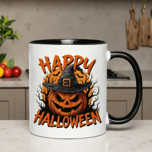 Halloween ceramic coffee mug with spooky pumpkin and witch hat design for autumn decor