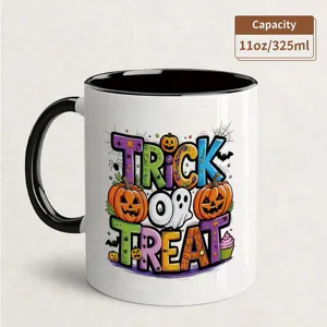 Halloween spooky ceramic coffee mug detailed view, black and white 11oz festive cup.