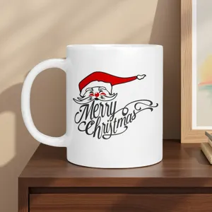 Christmas ceramic coffee mug with Santa design and Merry Christmas text for holiday gifts.