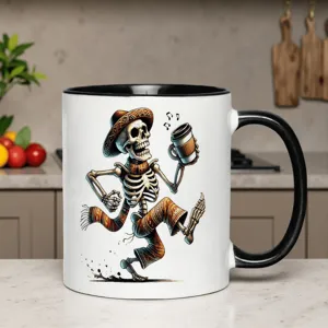 Vista dettagliata di una tazza da caffè in ceramica bianca con teschio di zucchero messicano.