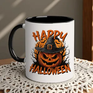 Halloween ceramic coffee mug with pumpkin and witch hat design, perfect autumn table decor.
