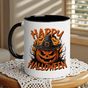 Ceramic coffee mug with Halloween pumpkin witch hat design, perfect autumn seasonal decor item.
