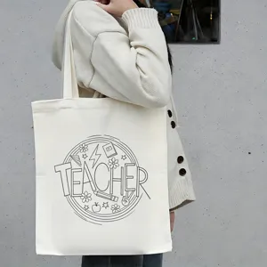 Detailopname van canvas tote bag met TEACHER opdruk, toont textuur en draagstijl.