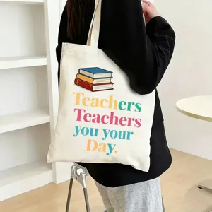 Large capacity canvas tote bag with teacher theme print, casual minimalist shoulder bag.