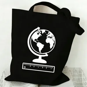Black canvas tote bag with globe print, large capacity minimalist shoulder bag for students.