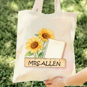 Bolso tote de lona con girasol y regla regalo para profesores gran capacidad diario