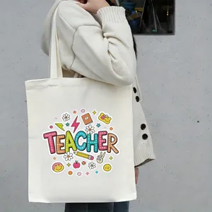 Grote canvas tote bag met schattige leraar letters print, casual studenten boodschappentas.
