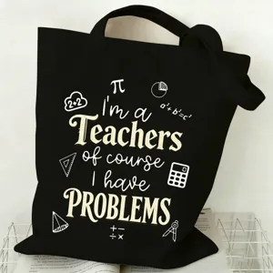 Black canvas tote bag with funny teacher math quote, large capacity casual shoulder bag.