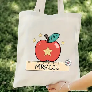Bolso tote de lona blanca con lindo estampado de manzana de profesor, bolso casual grande.