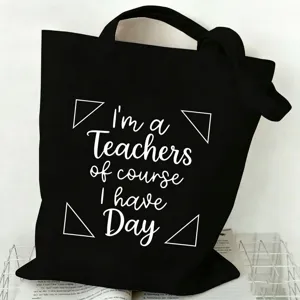 Black canvas tote bag with teacher text, large capacity casual shopping handbag for daily use.