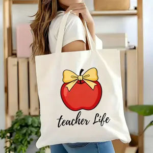 Leinwand Tragetasche mit Apfel Druck, Lehrertasche Schultertasche fuer Alltag und Einkauf.