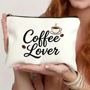 Detailaufnahme der weissen Leinentasche mit Kaffeeliebhaber Motiv und stabilem Reissverschluss.