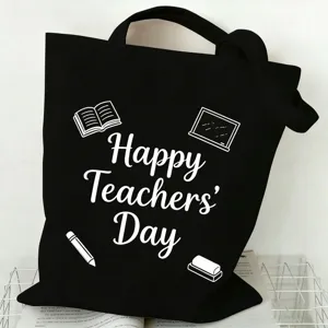 Detailed view of black canvas tote bag with Teachers Day print, casual daily student bag design