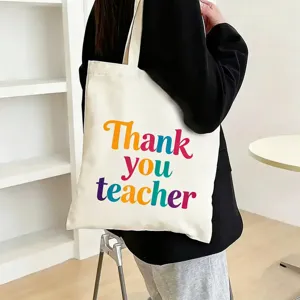 Canvas tote bag for teachers, large capacity shoulder bag, simple daily student gift.