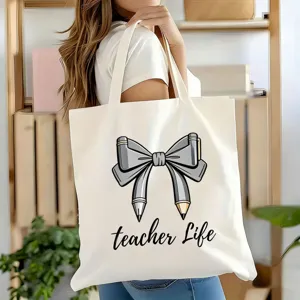 Grosse Kapazitaet Leinen Tragetasche mit Bleistift Schleife Design, perfektes Lehrer Geschenk.