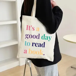 Canvas Tote Bag Large Capacity Minimalist Western Retro Shoulder Handbag Printed Slogan Shopper Bag For School Daily Unisex