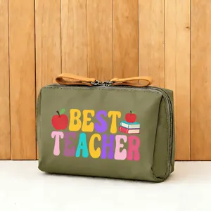 Gruene Kosmetiktasche mit Lehrer Textdruck, tragbare Make-up Aufbewahrungstasche.
